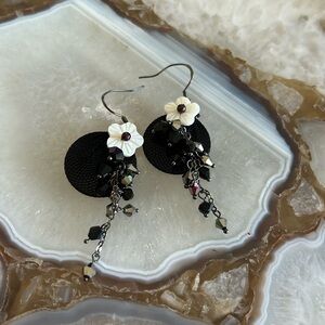 Black & White & Silver Crystals with Flower Earrings-Boutique